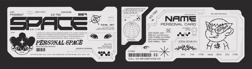 Futuristic y2k technology frame for design. HUD frames in sci-fi style, GUI, FUI.Modern cyber user interface elements. Pixel characters, system notifications © Limpreom
