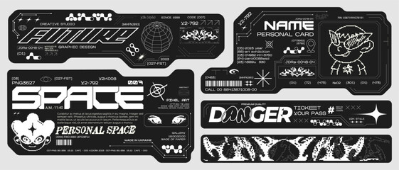 Futuristic y2k technology frame for design. HUD frames in sci-fi style, GUI, FUI.Modern cyber user interface elements. Pixel characters, system notifications © Limpreom