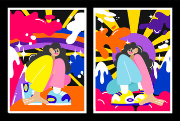 90s groovy posters. Cartoon psychedelic style. Bright hippie girl and retro elements. Trip landscapes with mountains, sun rays, flowers, trip wave. Vector collection