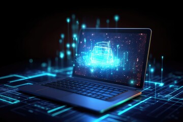 Cyber security internet, networking concept, cybersecurity. Abstract sparkle digital connection dots, lines, circuit wireless technology over laptop, modern smart city background. Generative AI