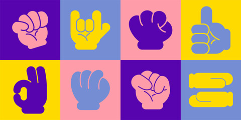 Cartoon gloved hand drawn abstract comic. Set of hand signs and symbols. Stickers in retro style. Vector illustration