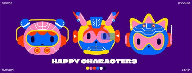y2k characters robots futuristic retro cartoon style. Animal head mascots in the future style. 90s groovy retro cyber characters