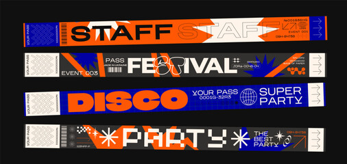 Control ticket bracelets for events, disco, festival, fan zone, party, staff. Vector mockup of a festival bracelet in a futuristic y2k style - obrazy, fototapety, plakaty