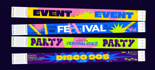 Control ticket bracelets for events, disco, festival, fan zone, party, staff. Vector mockup of a festival bracelet in a futuristic y2k style - obrazy, fototapety, plakaty
