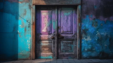 A close up of a wooden barn with a rusty hook and a blue and purple paint.generative ai