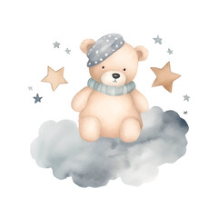 Vector little teddy sitting on the cloud and watching stars illustration cute bear	
