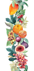 Tropical fruits rich seamless frame stripe: mango, figs, orange fruit, lush exotic leaves. Watercolor summer food natural repeat border line. Botanical vertical decorative design