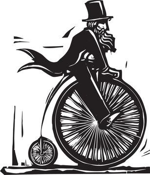 Man in top hat on a velocipede bicycle.