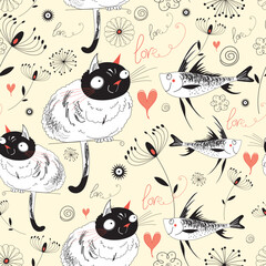 Obraz na płótnie Canvas graphic pattern of seamless love cats and fish on a yellow background with plants