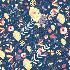 Fototapeta premium seamless pattern of yellow leaves on a dark blue background