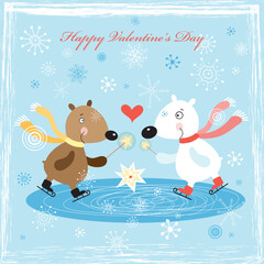 fun loving teddy bear on a blue background with snowflakes