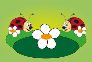 Obraz na płótnie Canvas Funny picture of two lovely ladybug with green background