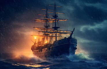A majestic sailing ship glides gracefully at night on the ocean in stormy weather.