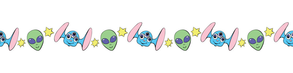 Edging, ribbon, border of funny Aliens heads, stars in doodle flat style. Humanoids, visitors, Martians. Decorative element, decoration on theme of space, UFO, fantastic, kids design