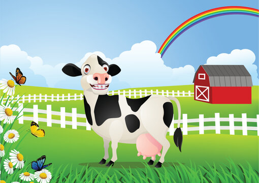 Vector Illustration Of Cow in pasture