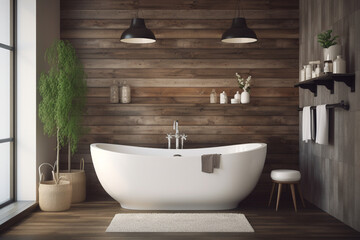 Fototapeta na wymiar Generative AI. interior of modern bathroom with gray and wooden walls, concrete floor, white bathtub, trendy details, an oval white ceramic bath, a rug, a double vanity. minimalis