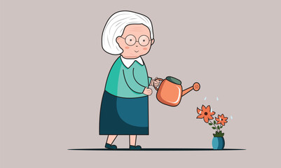 Elderly Woman Character Giving Water To Plant From Watering Can on Gray Background.