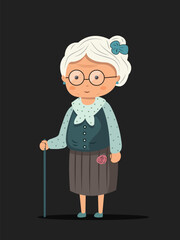 Elderly Woman Character with Walking Stick on Black Background.