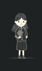 Vector Illustration of Young Girl Holding a Book in Standing Pose on Black Background.
