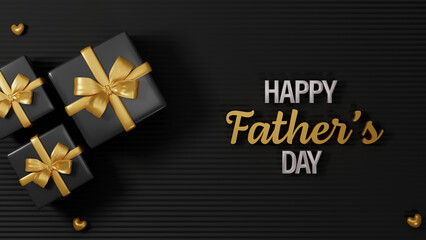 Happy Father Day Celebration Banner Design with 3D Golden and Black Gift Boxes.