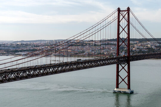 View of the 25th of April Bridge on a summer day in Lisbon