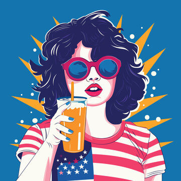 Pop Art Stylish American Woman Wearing Goggles and Holding Drink Glass Against Yellow and Blue Rays Background.