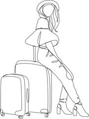 Continuous line drawing of traveler woman with luggage. Single one line art concept of tourist walking with suitcase. Vector illustration