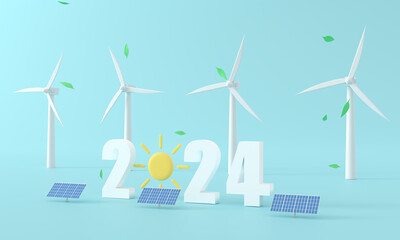 3d rendering Solar panel and wind turbine on the green earth.Clean energy and eco friendly background. ecology and environment concept.Happy new year 2024 concept png illustration.