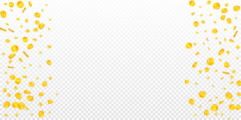 Indian rupee coins falling. Scattered gold INR