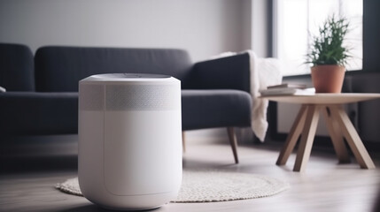 A steam air purifier in a dark room with a window behind it.generative ai