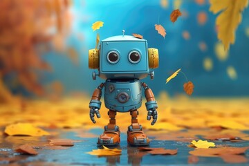 Small cute smiling autumn robot with hands, legs, colored with pastel colorful orange, red maple leaves, pastel orange background. Cute AI toy robot on yellow autumn leaves. Generative AI