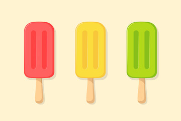 Fruit ice cream vector flat elements collection. Yellow, red and green eskimo on beige background. Best for textile, wallpapers, wrapping paper, package and cafe decoration.