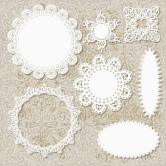 vector lacy scrapbook napkin design patterns on seamless grungy background