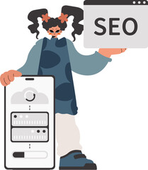 The young lady is holding a information cloud and a server. Separated on white foundation. Trendy style, Vector Illustration