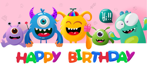 Monster birthday character vector design. Happy birthday text with funny monster and costume characters. Vector illustration greeting template.