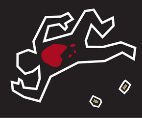 A stylized illustration of a classic crime scene with a chalk outline of the body and bullets used in the crime. - obrazy, fototapety, plakaty