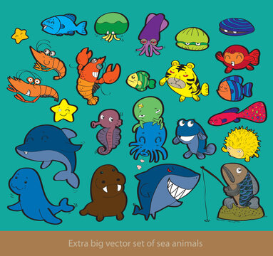 sea animals. Funny cartoon and vector isolated characters