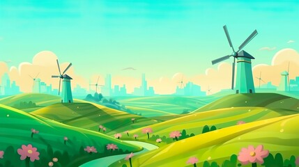 Obraz premium Background windmills. Demonstration of web design in the style of a banner, which includes images of windmills and nature as a background. Generative AI.