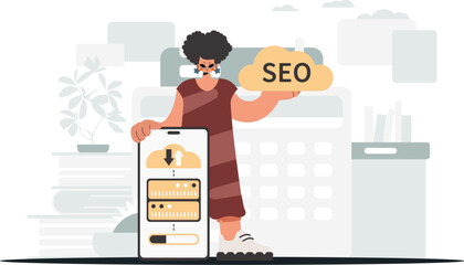 The overflowing woman is holding a data cloud and a server. Synchronization and security of data capacity concept. Trendy style, Vector Illustration