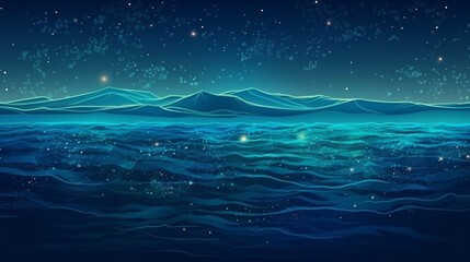 A blue ocean with a star filled sky.generative ai