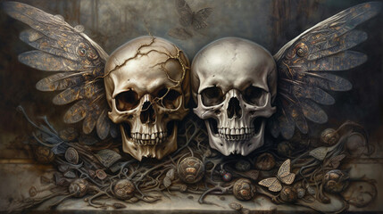 Obraz na płótnie Canvas A painting of skulls with the word skull on the bottom.generative ai