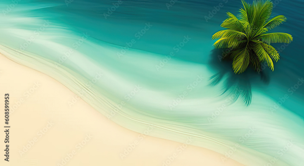 Poster overhead view of tropical beach with one palm tree sand and water with. copy space summer background