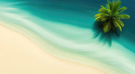 Fototapeta na wymiar Overhead view of tropical beach with one palm tree sand and water with. copy space summer background generative ai illustration
