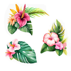 Tropical watercolor plants and flowers, summer holiday banner. Colorful frame with hibiscus and tropical leaves