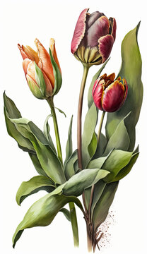 Vector watercolor beautiful tulips flowers for spring or summer holiday, women's day, mother's day, wedding	