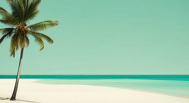 Lonely palm tree at the white sand beach with lots of copy space in green and white generative ai illustration