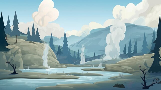 Background geysers. Demonstration of a visually appealing banner-style design that highlights the magnificence of geysers in mountain forests. Generative AI.