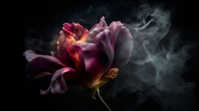 A flower in smoke with a black background.generative ai
