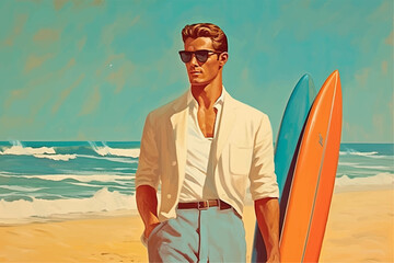 Handsome surfer stands on the seashore in retro style. Generated AI - obrazy, fototapety, plakaty