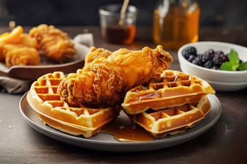 Traditional sweet and savory American dish of crunchy fried chicken and waffles drizzled with maple syrup. Hearty comfort food